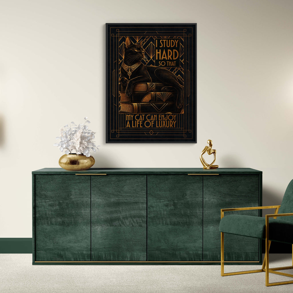 Modern interior with a green sideboard, gold chair, and wall art.