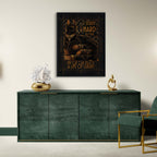 Modern interior with a green sideboard, gold chair, and wall art.