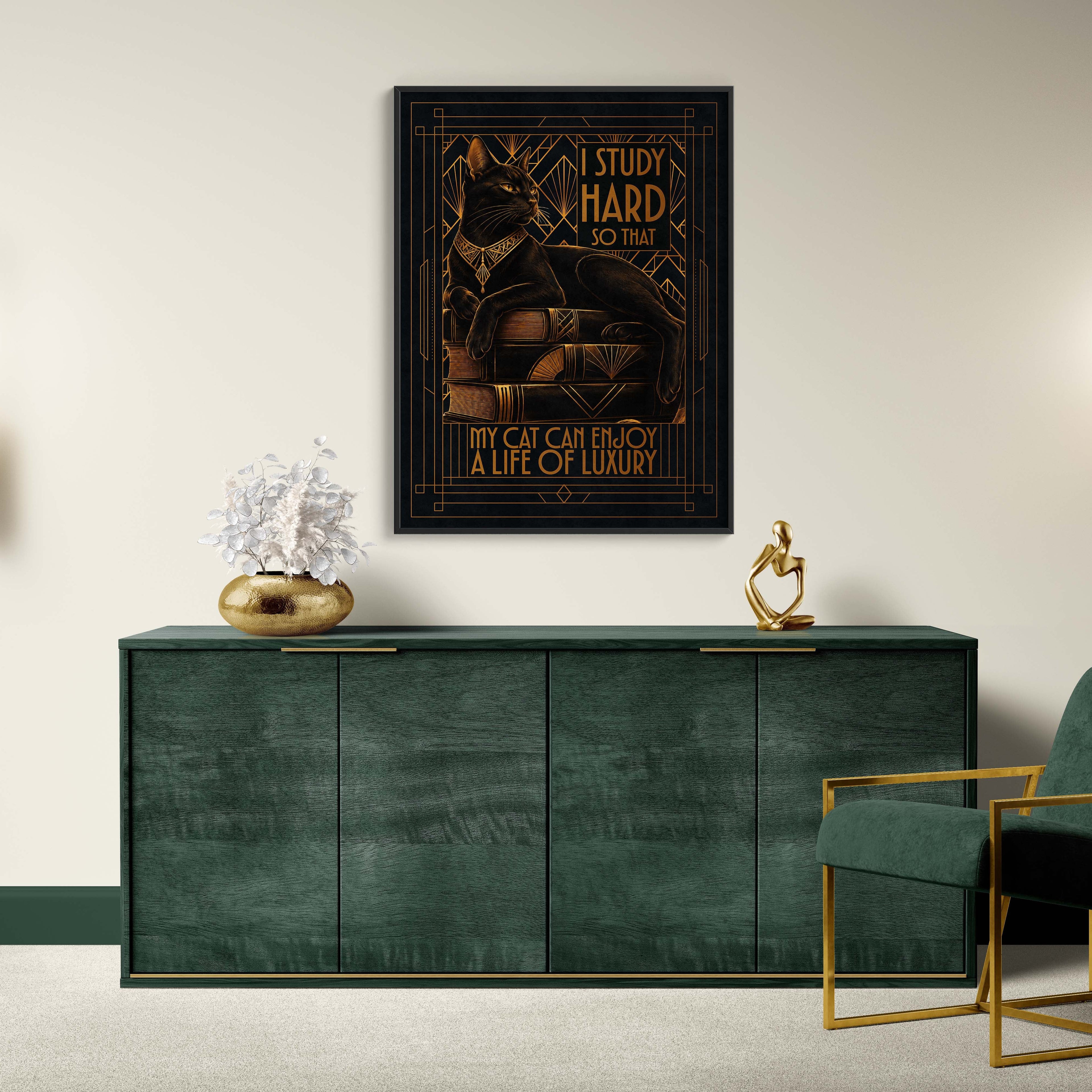 Modern interior with a green sideboard, gold chair, and wall art.